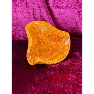 Vintage Ashtray Sculptural Ceramic Drip Glaze Bright Orange with Green Flecks